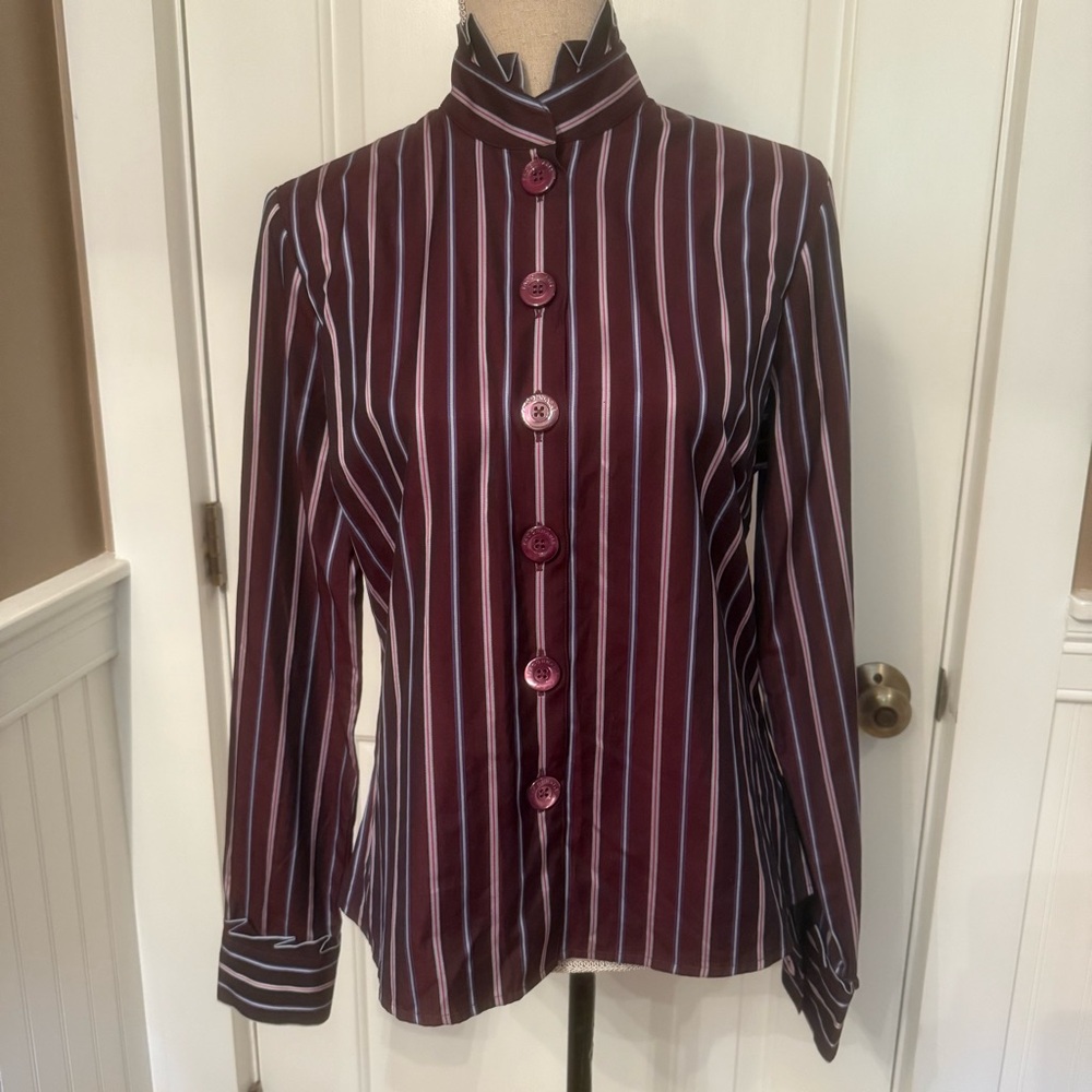 FACONNABLE TOP BUTTON DOWN BLOUSE BROWN PIN STRIPE LONG SLEEVE SIZE M